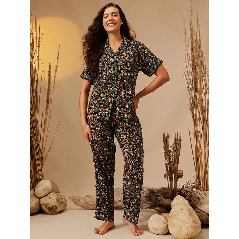 Clovia Black Rayon Leaf Print Button-Down Shirt and Pyjama (3XL)