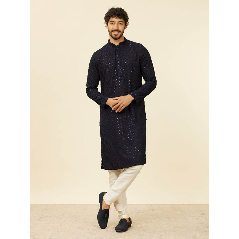 Manyavar Dark Blue Viscose Embroidery Sequin Work Kurta and Pyjama (Set of 2) (S)