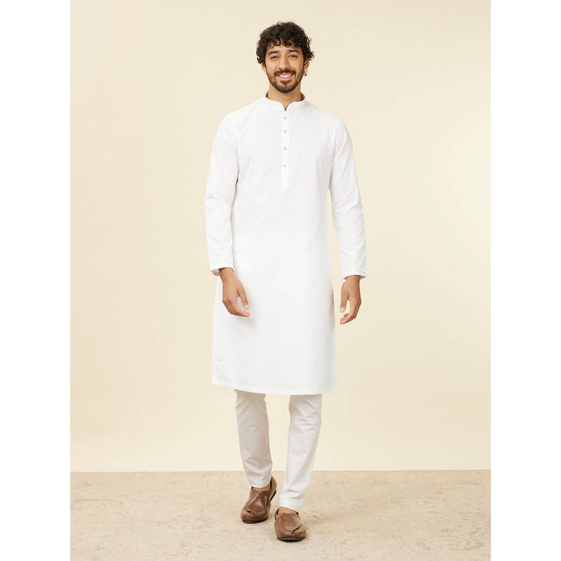 Manyavar White Cotton Embroidery Jacquard Kurta and Pyjama (Set of 2) (L)