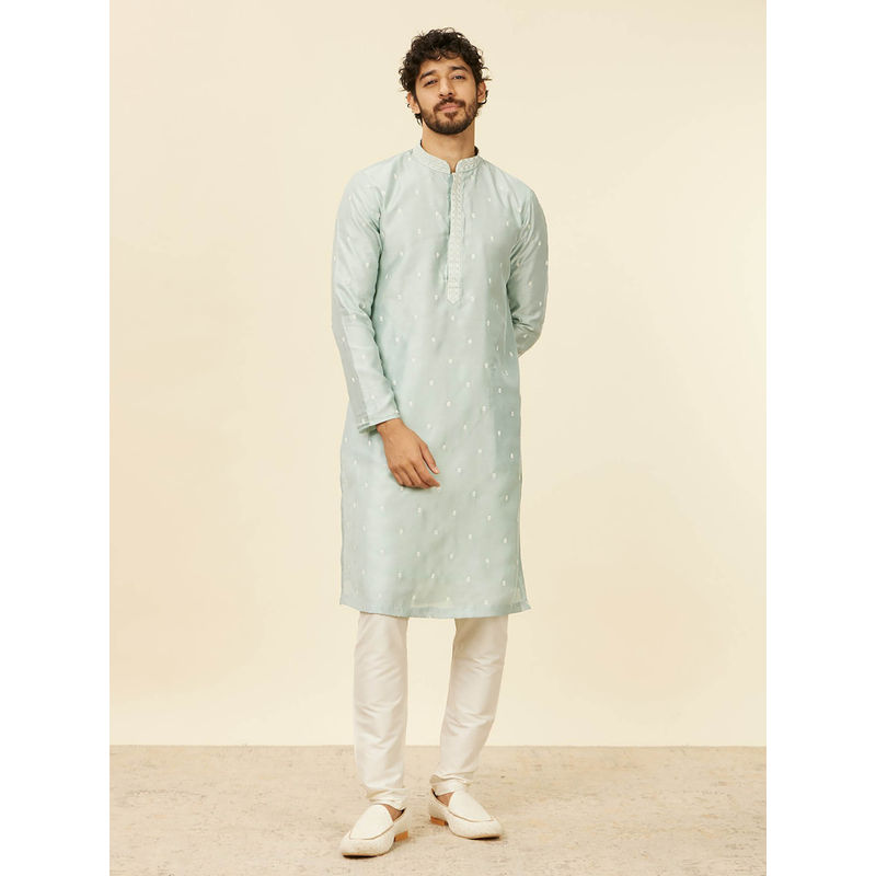 Manyavar Light Blue Art Silk Embroidery Stone Work Kurta and Pyjama (Set of 2) (S)