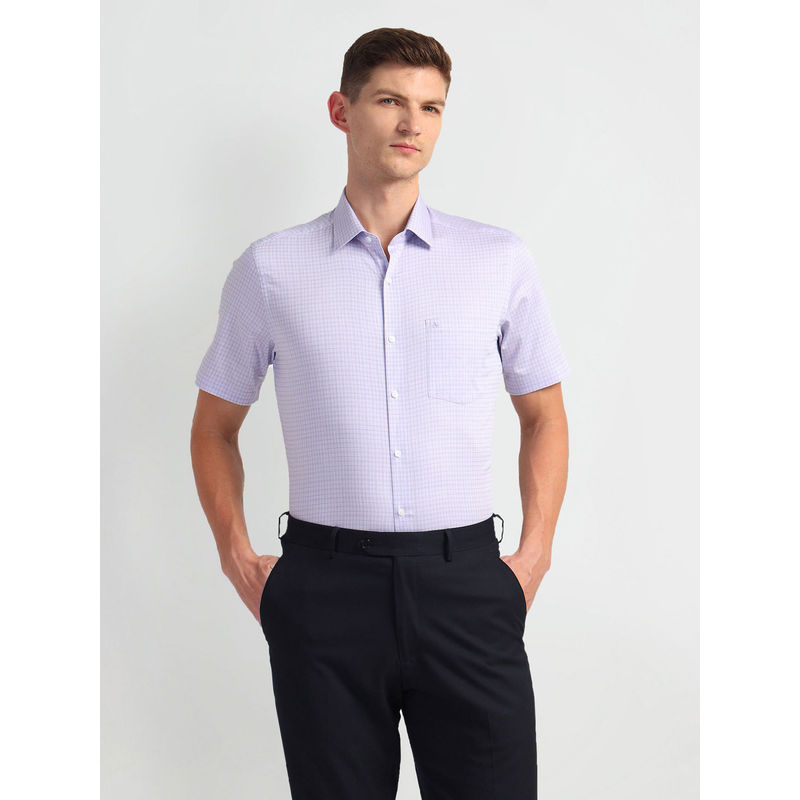 Arrow Purple Outline Check Short Sleeve Formal Shirt (46)