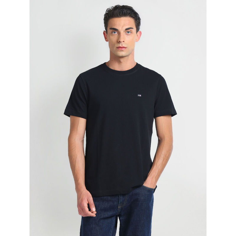 Arrow Sports Black Crew Neck Solid T-Shirt (M)
