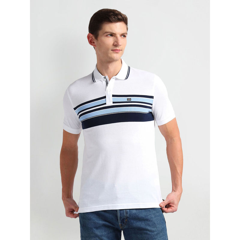 Arrow Sports White Tipped Collar Horizontal Stripe Polo T-Shirt (L)
