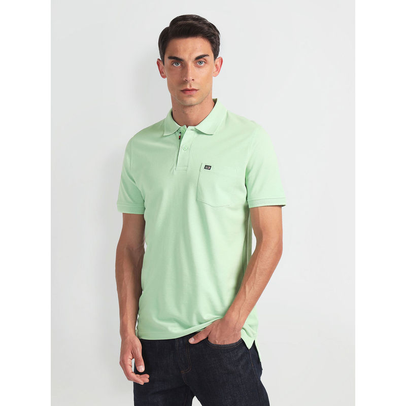 Arrow Sports Green Patterned Collar Solid Polo T-Shirt (M)