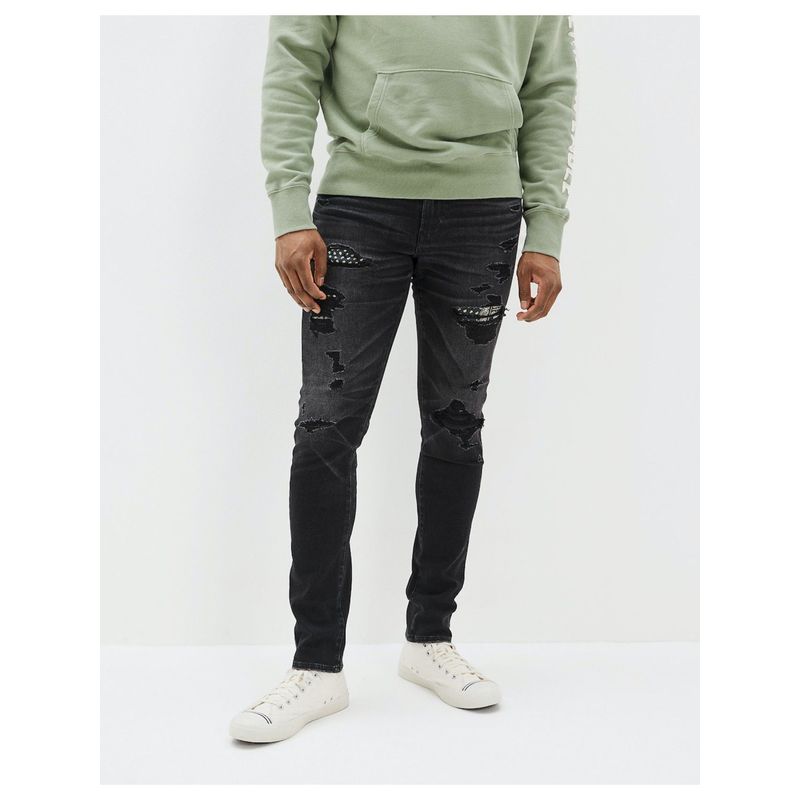 American Eagle Men Black Airflex 360 Patched Slim Jean (31)