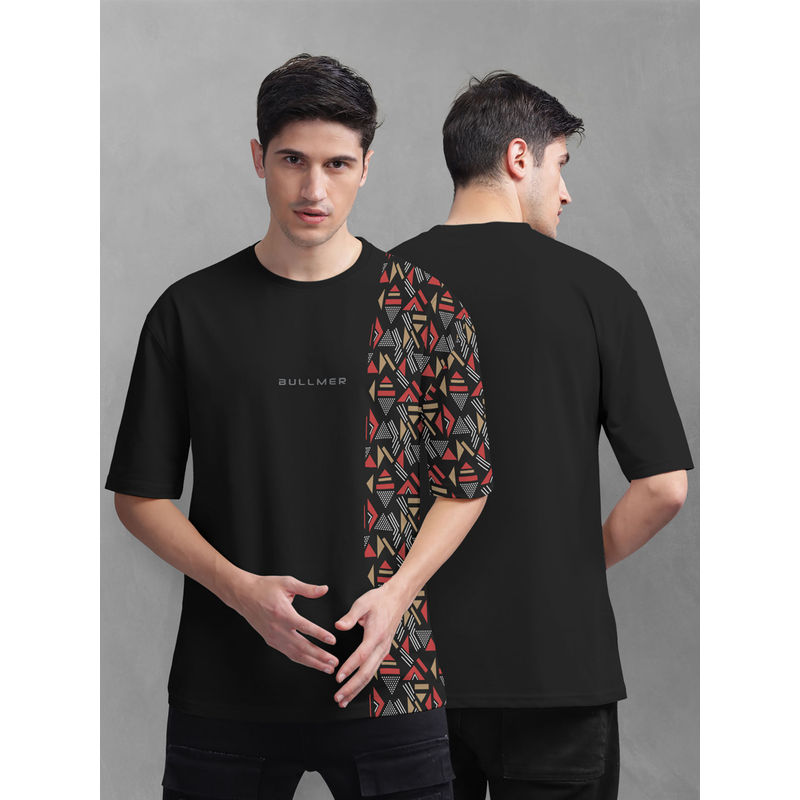 BULLMER Men Black Cotton Front and Back Printed Oversized T-Shirt (L)