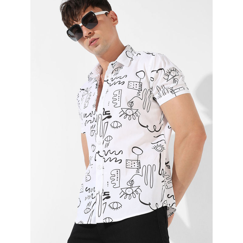 Campus Sutra Men White Printed Button Up Collared Shirt for Casual Wear (XL)