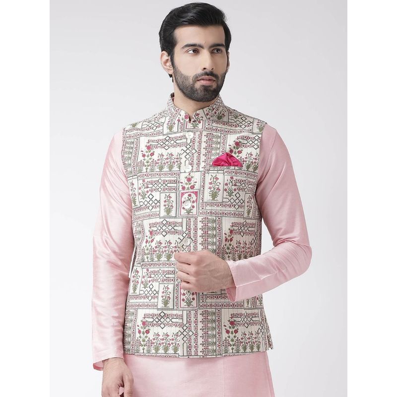 KISAH Men White & Pink Printed Cotton Blend Nehru Jacket with Zari Design (S)