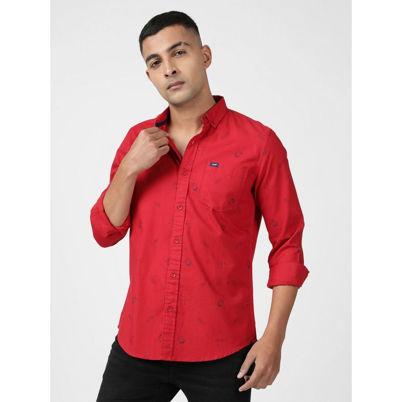 Lee Men Printed Red Shirt (Slim) (M)