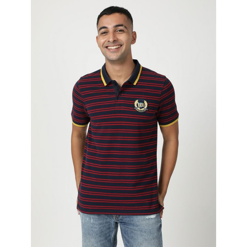 Lee Men Striped Blue Polo T-Shirt (Slim) (S)