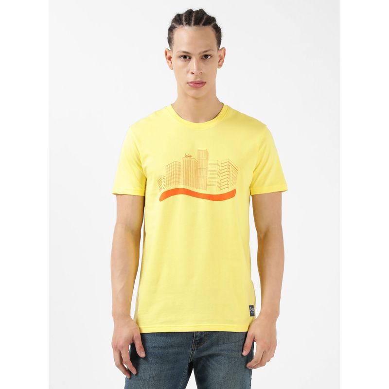 Lee Men Graphic Print Yellow Crew Neck T-Shirt (Slim) (L)