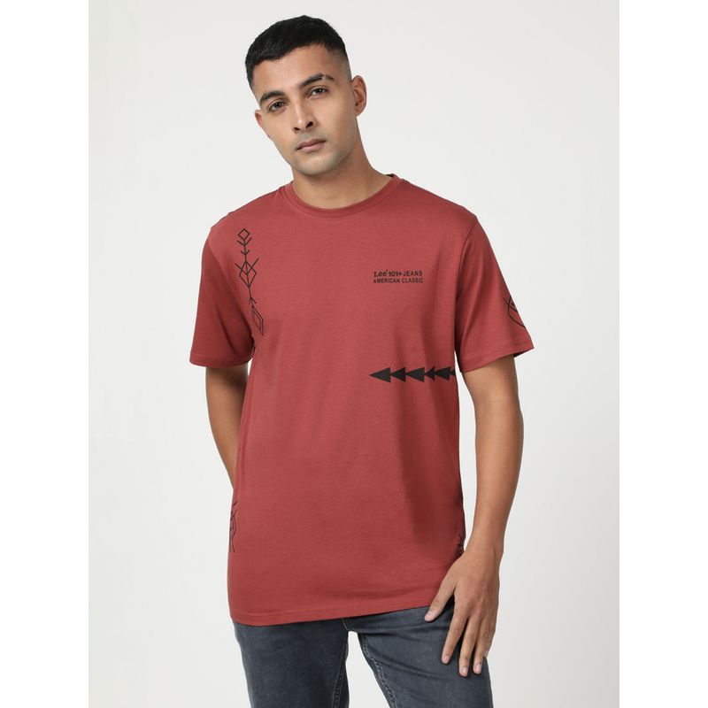 Lee Men Printed Red Crew Neck T-Shirt (Comfort) (M)