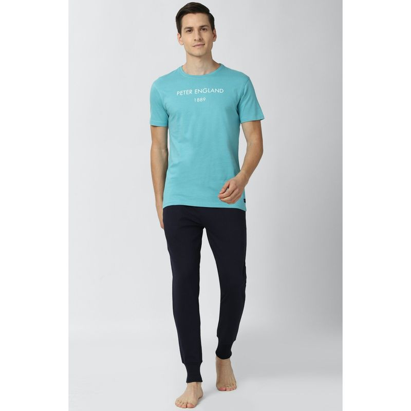 Peter England Men Blue Print Casual T-Shirt and Joggers (Set of 2) (S)