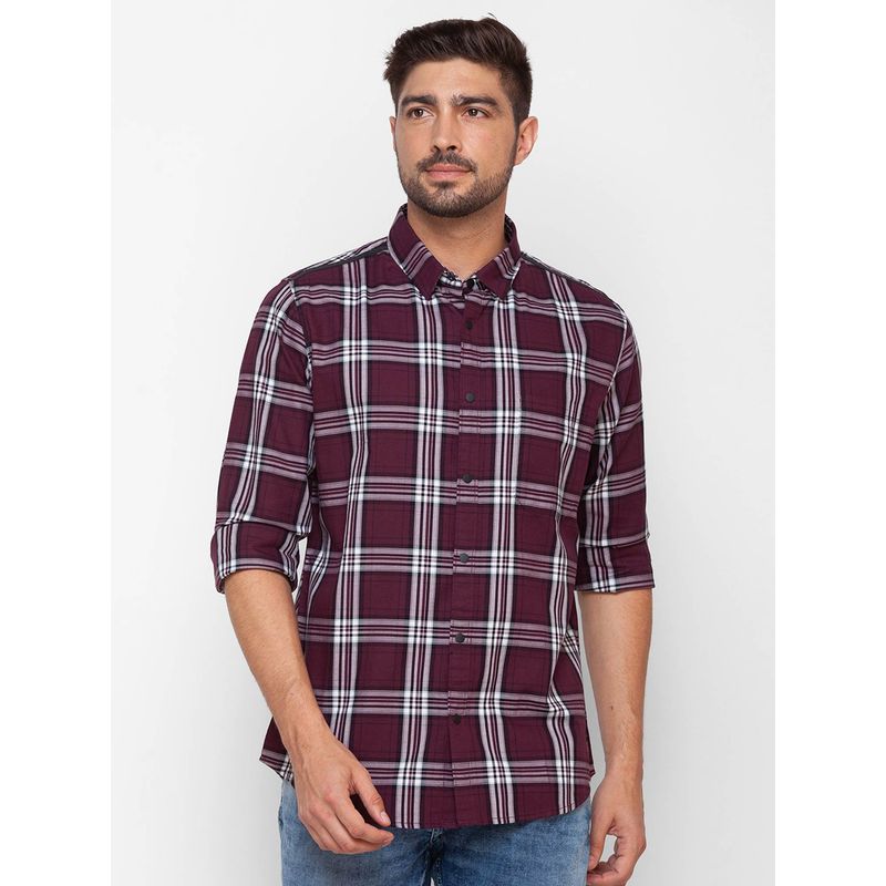 Spykar Plum Red Cotton Full Sleeve Checks Shirt for Men (M)