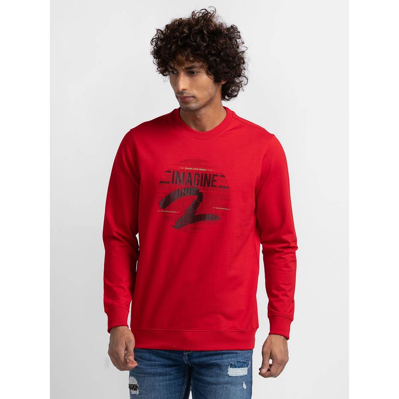 Spykar True Red Cotton Full Sleeve Round Neck Sweatshirt for Men (XL)
