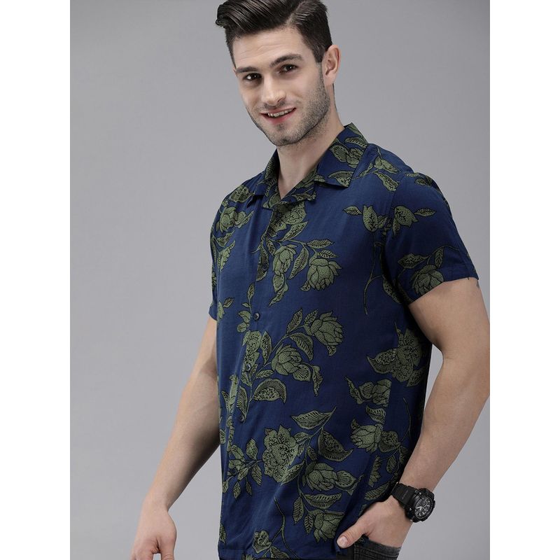 The Bear House Men's Blue Hawaiian Printed Short Sleeves Shirt (2XL)