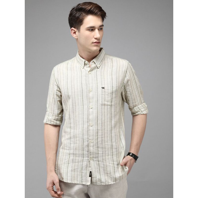 THE BEAR HOUSE Men Beige Striped Slim Fit Cotton Linen Casual Shirt (M)