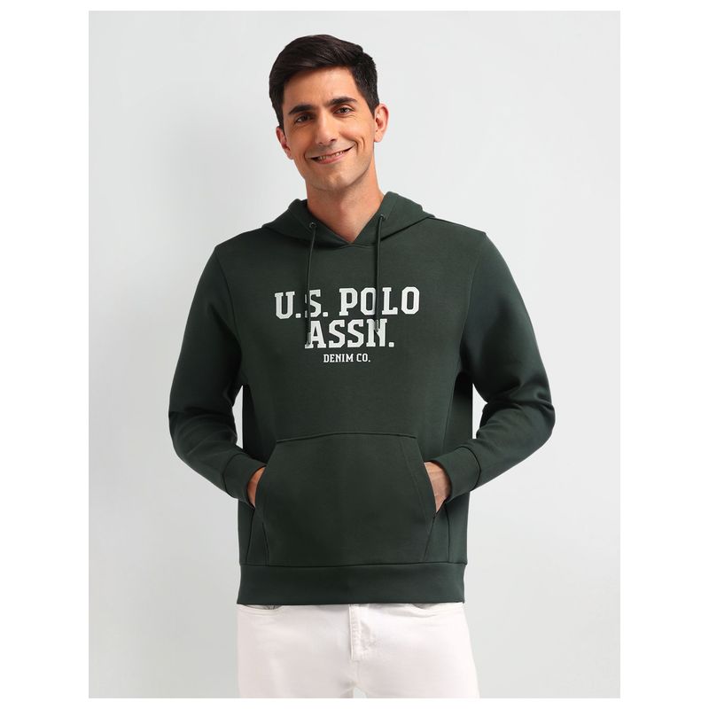 U.S. Polo Assn. Denim Co. Typography Green Full Sleeves Hooded Sweatshirt (2XL)