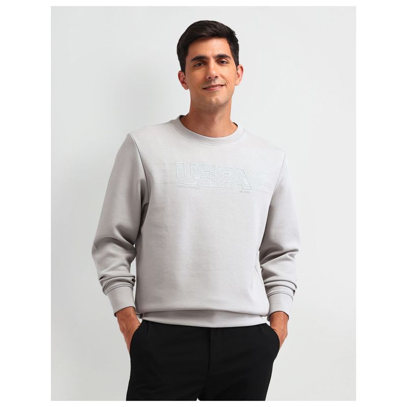 U.S. Polo Assn. Denim Co. Solid Grey Full Sleeves Crew Neck Sweatshirt (L)
