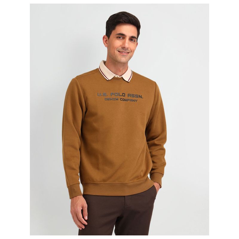 U.S. Polo Assn. Denim Co. Typography Rust Full Sleeves Crew Neck Sweatshirt (M)