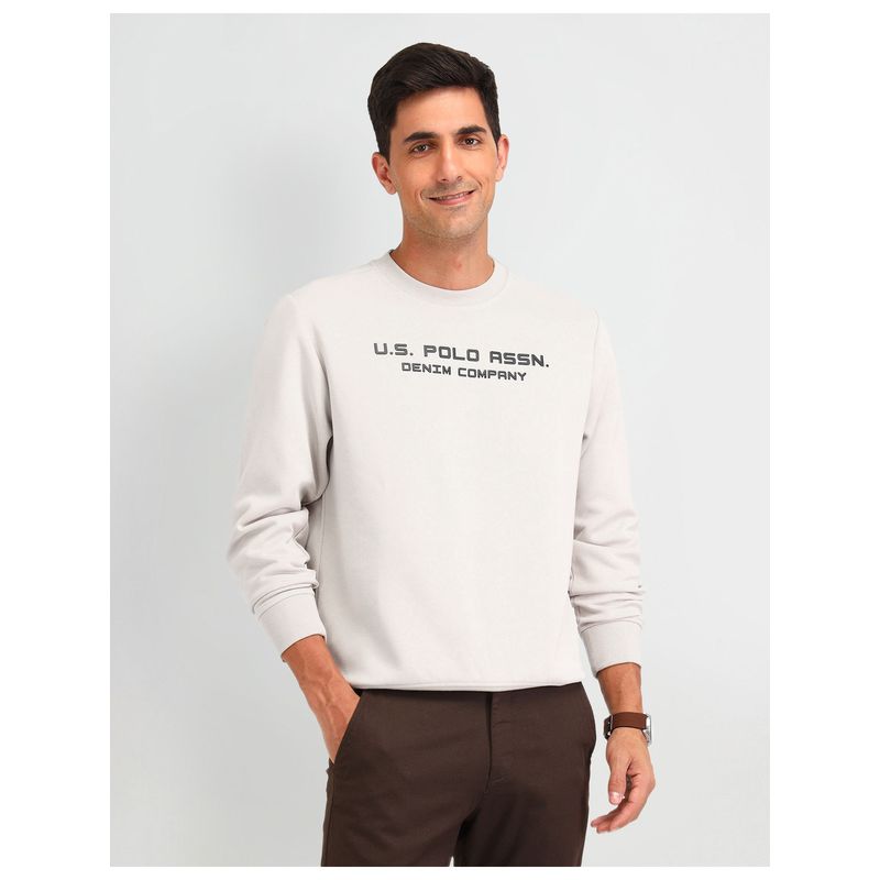 U.S. Polo Assn. Denim Co. Typography Beige Full Sleeves Crew Neck Sweatshirt (L)