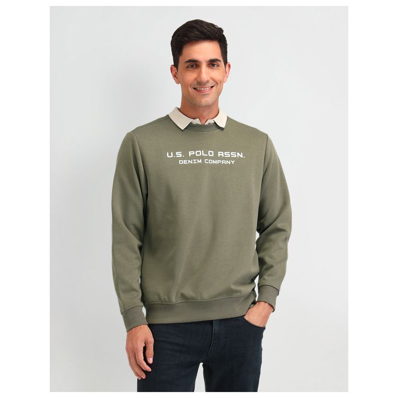 U.S. Polo Assn. Denim Co. Typography Green Full Sleeves Crew Neck Sweatshirt (S)