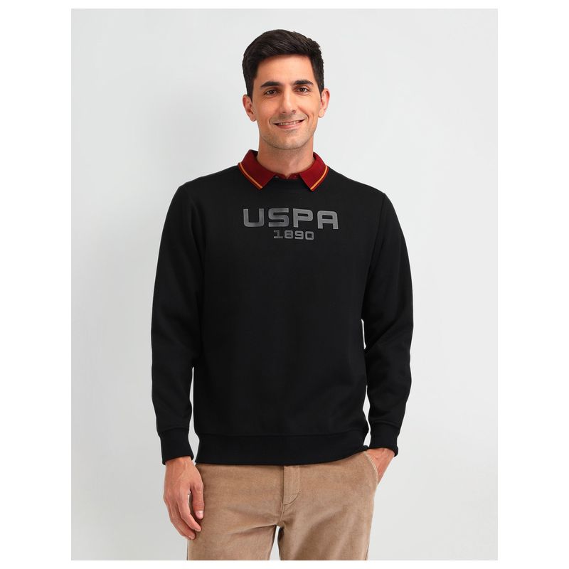 U.S. Polo Assn. Denim Co. Solid Black Full Sleeves Crew Neck Sweatshirt (3XL)