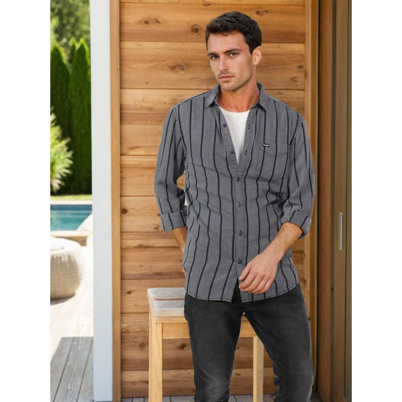 Wrangler Men Striped Grey Shirt (Regular) (S)