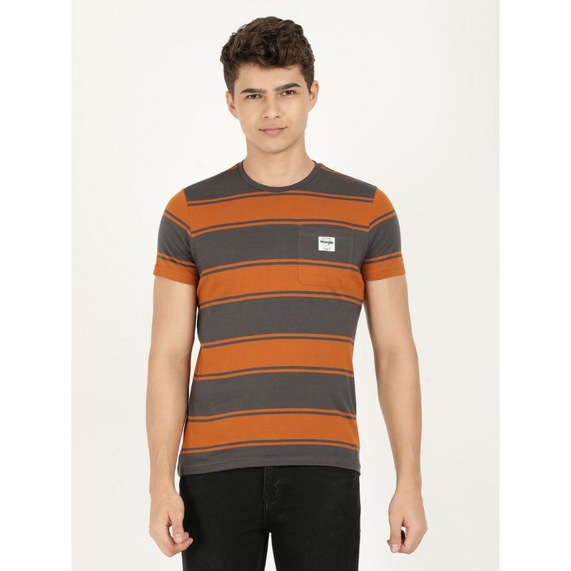Wrangler Men Striped Grey T-Shirt (Regular) (M)