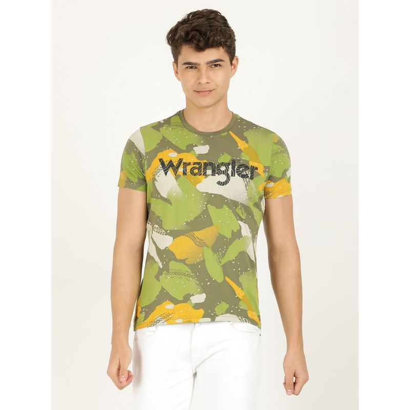 Wrangler Men Printed Green T-Shirt (Regular) (S)