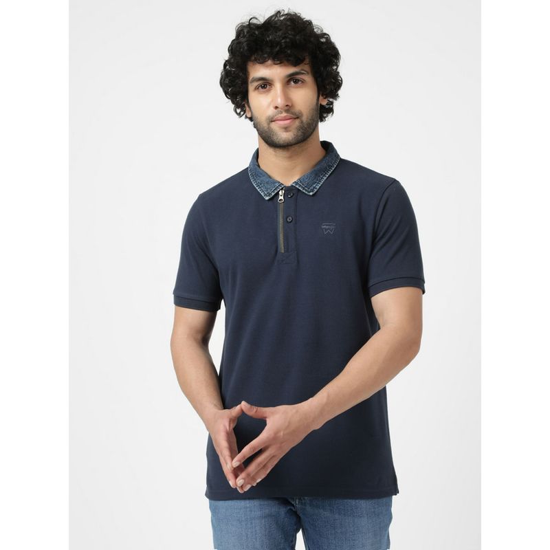 Wrangler Men Solid Blue Polo T-Shirt (Regular) (L)