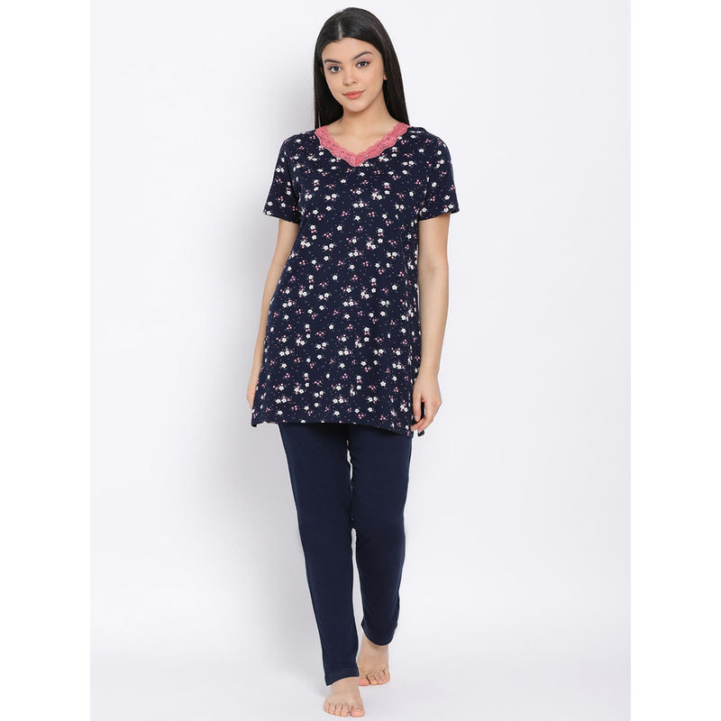 Aqua Blue Printed Pure Cotton Shirt Pyjama Set | Free Size main image 0