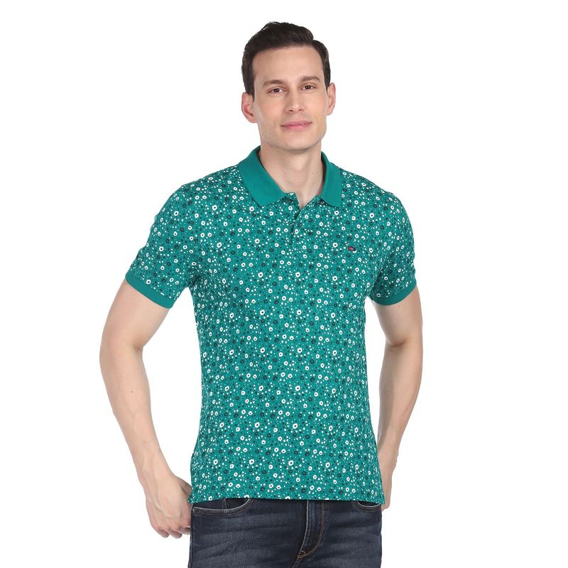 AD By Arvind Men Teal Cotton Floral Print Polo Shirt (XL)