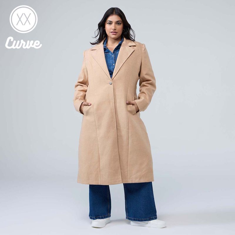 Twenty Dresses by Nykaa Fashion Curve Beige Solid Lapel Collar Full Sleeves Midi Overcoat (2XL)