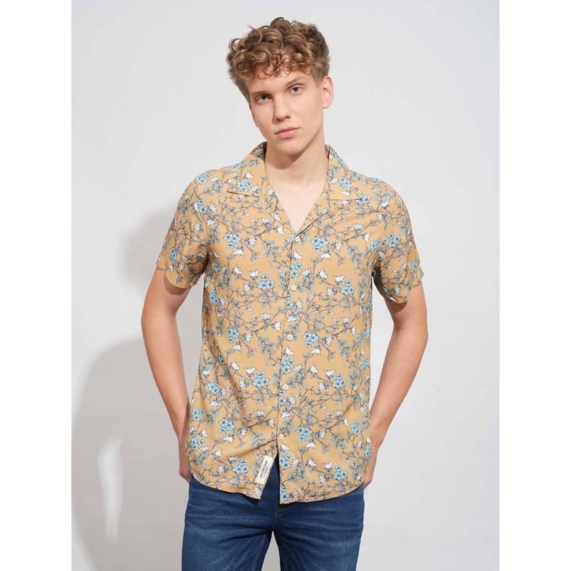 Being Human Men Printed Mustard Short Sleeves Shirt (M)