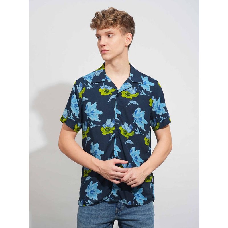 Being Human Men Printed Blue Short Sleeves Shirt (XL)