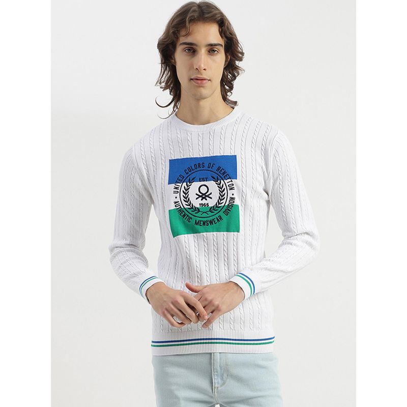United Colors of Benetton Men White Regular Fit Crew Neck Textured Cable Emblem Sweater (XL)