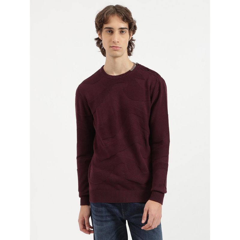 United Colors of Benetton Men Wine Regular Fit Crew Neck Woven Tonal Jacquard Sweater (XL)