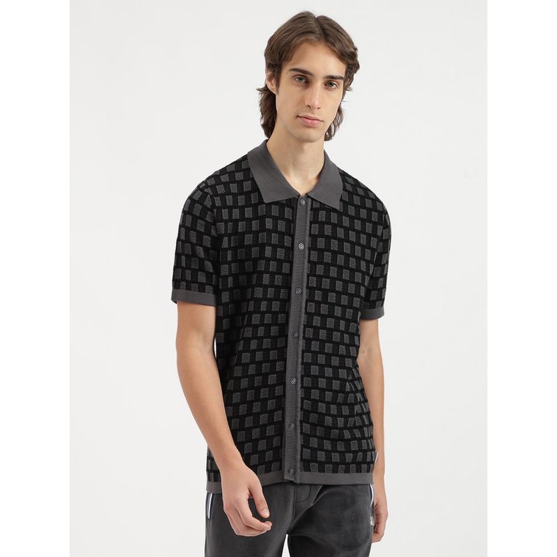 United Colors of Benetton Men Black and Grey Relaxed Fit Jacquard Cardigan (XL)