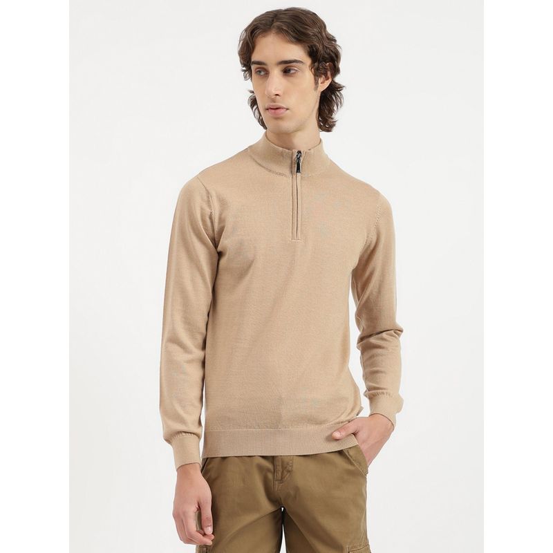 United Colors of Benetton Men Khaki Regular Fit High Neck Solid Merino Wool Sweater (XL)