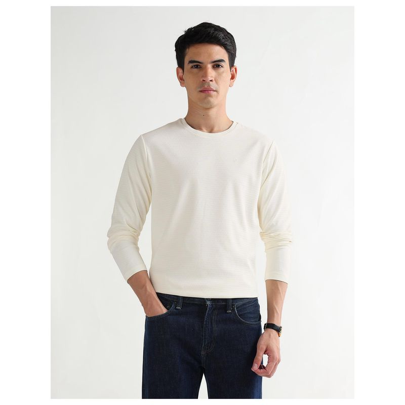 Arrow Newyork Men Off White Textured Regular Fit T-shirt (XL)