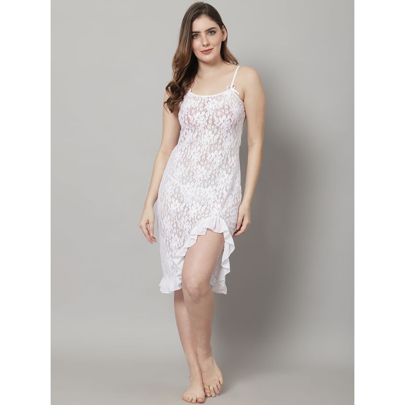 Shararat Womens Lace Above Knee Babydoll Dress Nightwear Lingerie - White (Set of 2) (M)