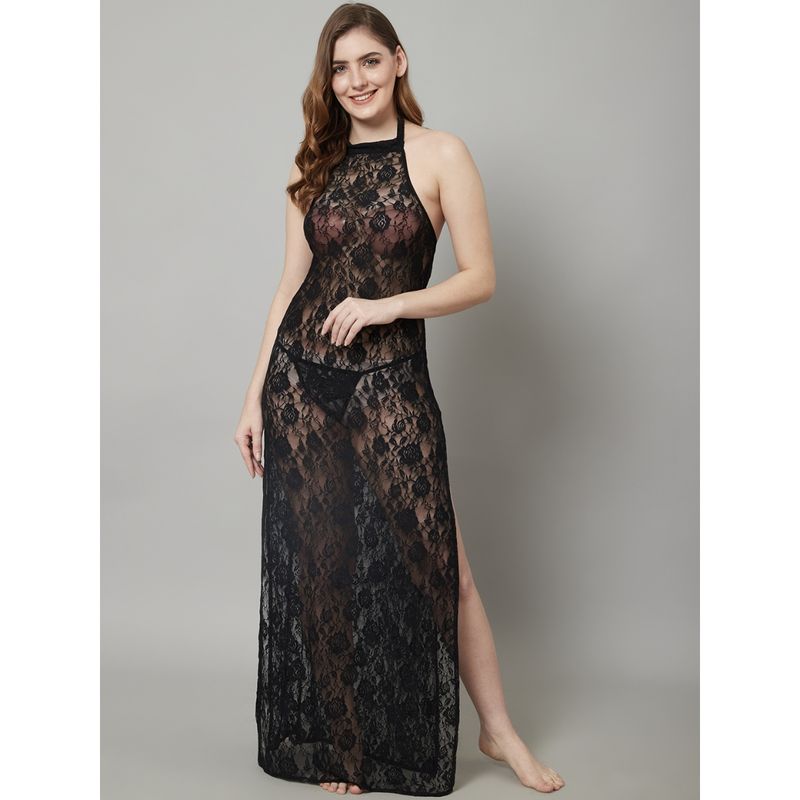 Shararat Womens Lace Ankle Length Babydoll Dress Nightwear Lingerie - Black (Set of 2) (XL)