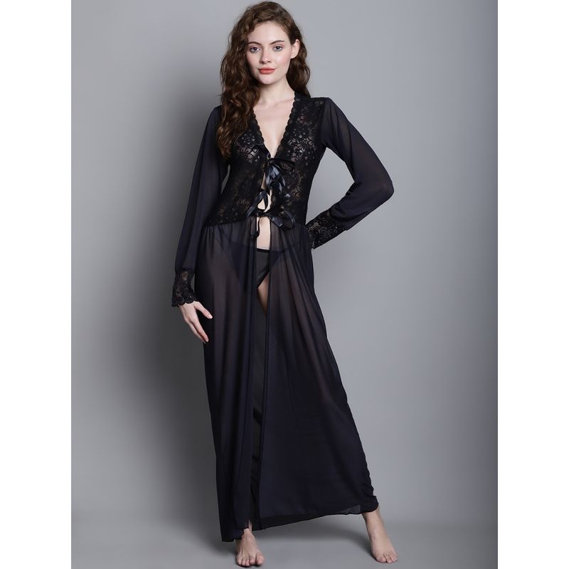 Shararat Womens Lace Ankle Length Babydoll Dress Nightwear Lingerie - Black (Set of 2) (L)