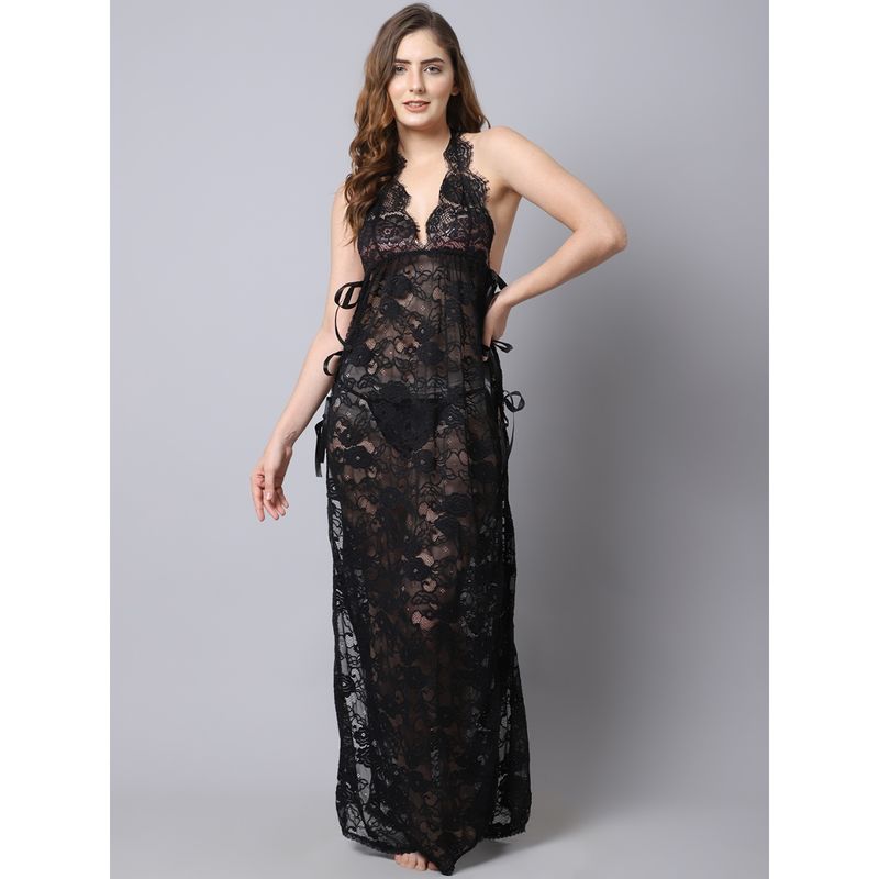 Shararat Womens Lace Babydoll Lingerie Nightwear Long Gown - Black (Set of 2) (2XL)