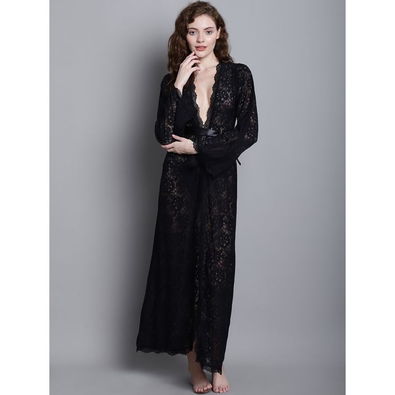 Shararat Womens Lace Ankle Length Babydoll Dress Nightwear Lingerie - Black (Set of 3) (M)