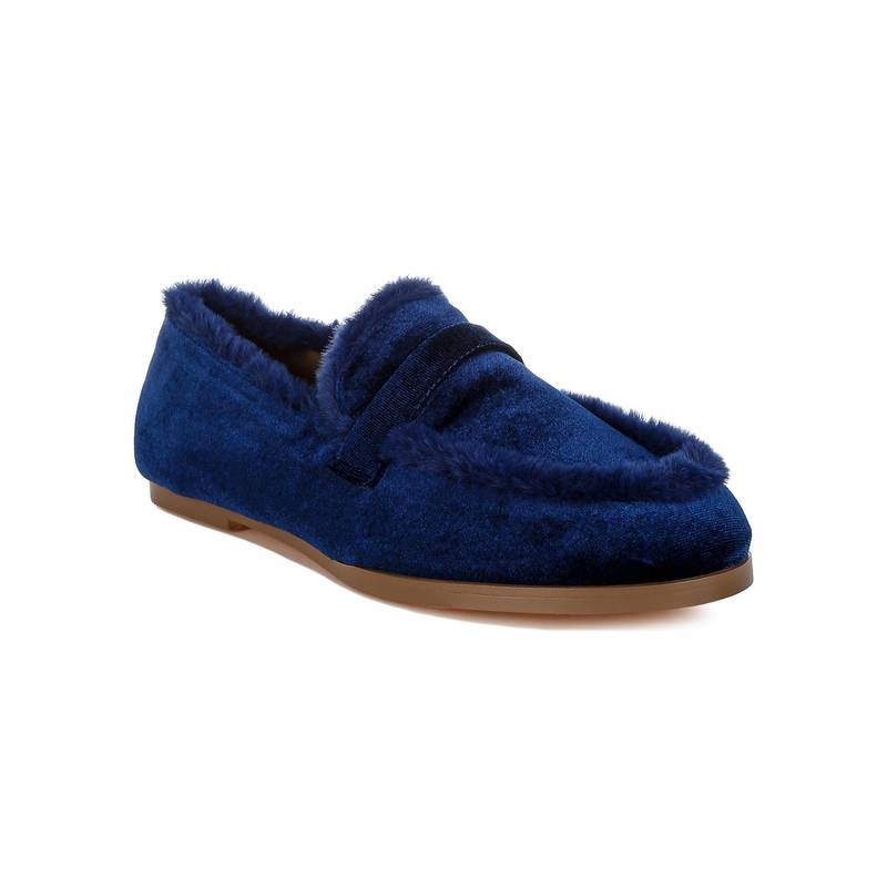 Rag & Co Navy Blue Fur Detail Velvet Loafers (EURO 36)