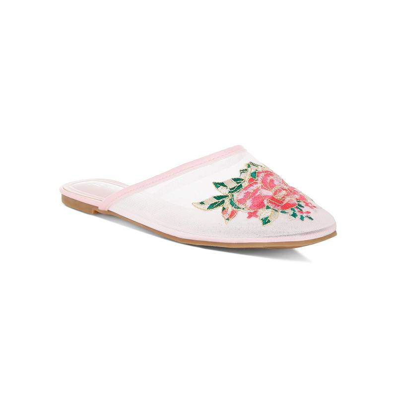 London Rag Women Pink Floral Embroidered Mesh Mules (EURO 38)