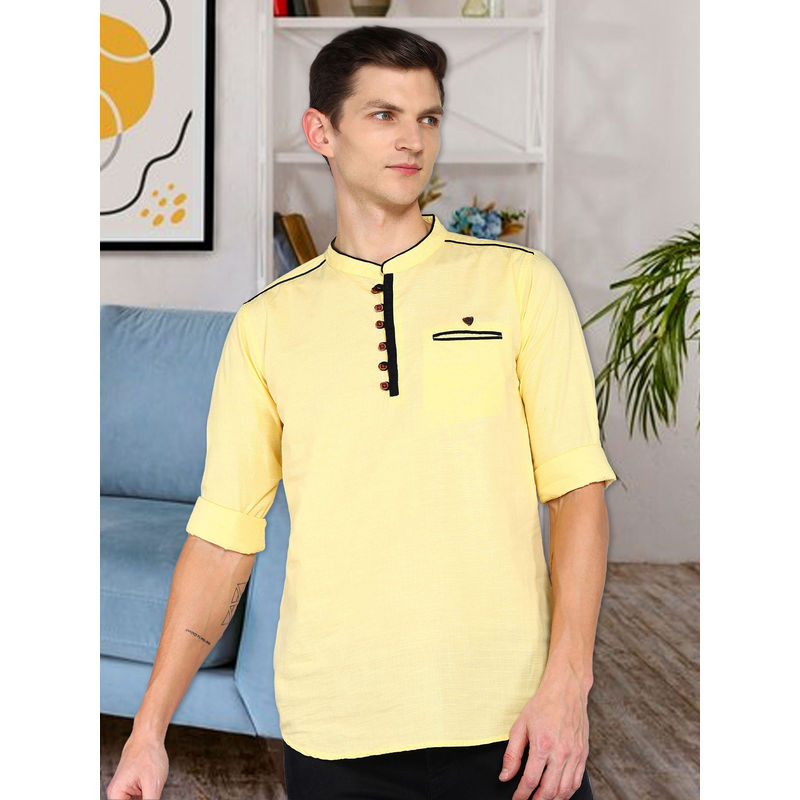 KUONS AVENUE Yellow Men Linen Cotton Casual Short Kurta (2XL)