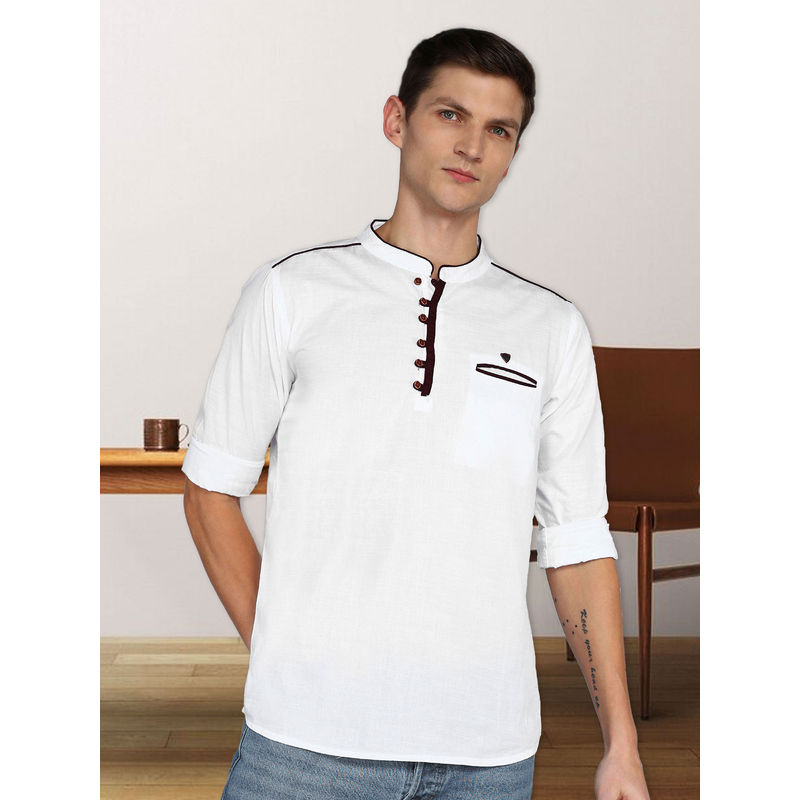 KUONS AVENUE Off White Men Linen Cotton Casual Short Kurta (M)